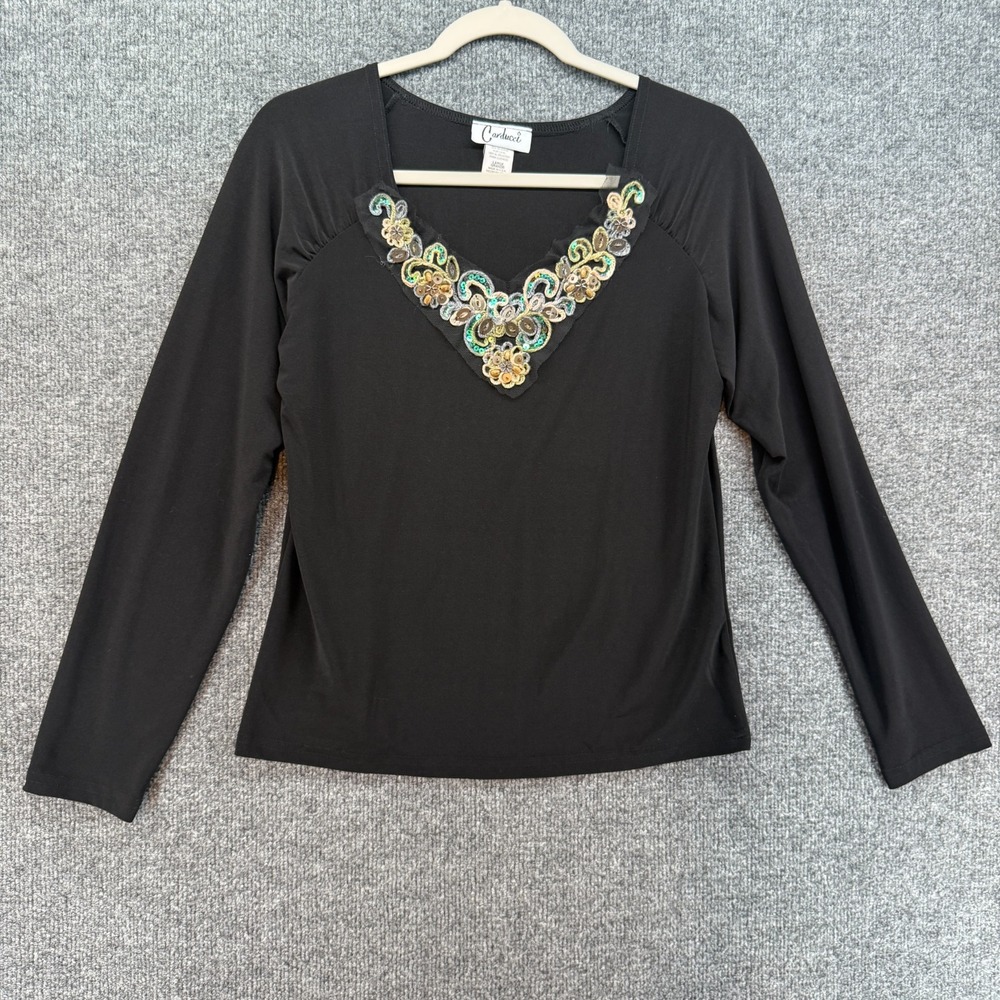 Carducci 90s Y2K Top Womens L Black V-Neck Sequin Embroidered Whimsical Retro